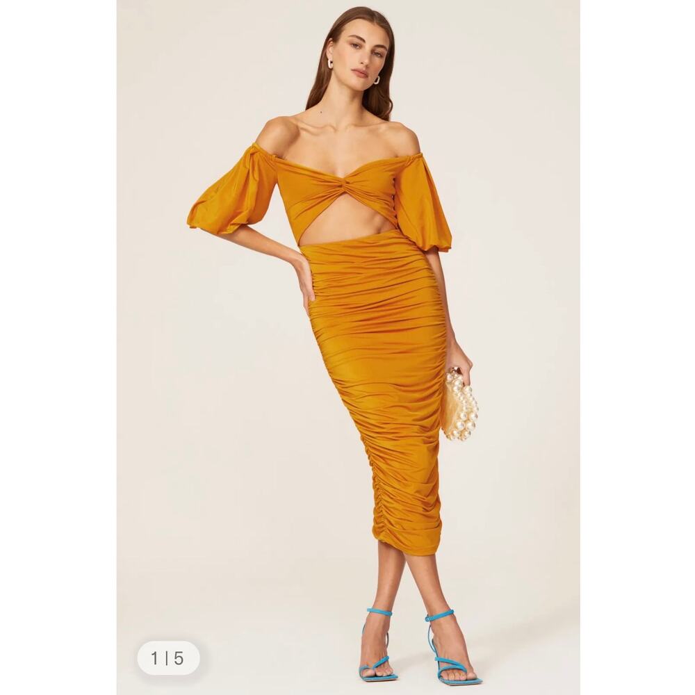 Elle Zeitoune Naira Marigold Yellow Ruched Cut Out Puff Sleeve Sweetheart Midi